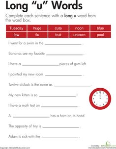 long u words worksheet with red clock