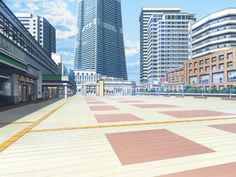 an empty city street with tall buildings in the back ground and red and white checkered tiles on the floor