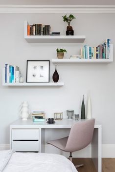 a white desk with two shelves above it and a chair in front of the desk