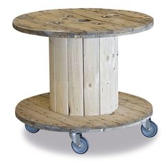 a round wooden table with wheels on the bottom and one wheel attached to each side