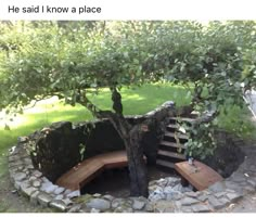 a tree that is sitting in the middle of a yard with benches under it and some rocks on the ground