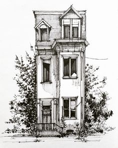 a black and white drawing of a house