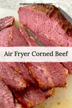 air fryer corned beef on a cutting board with the words, air fryer corned beef