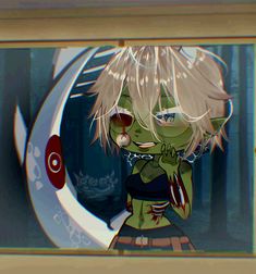 an animated image of a woman with blonde hair and green eyes holding a knife in her hand