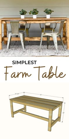 the plans for a farm table are shown in two different views, with text overlaying