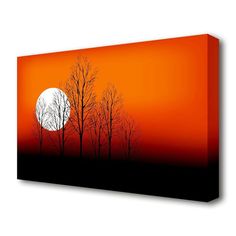 an orange and black painting with trees in the foreground at sunset or dawn on canvas