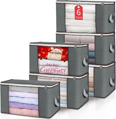 four storage bins with christmas designs on the top and bottom, each containing different colored blankets