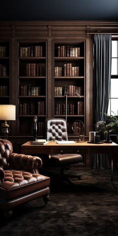 an office with leather furniture and bookshelves