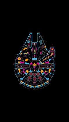 a black background with an image of a space ship in the center and colorful lights on it