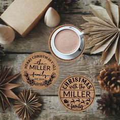 three coasters with the words merry christmas and a cup of coffee