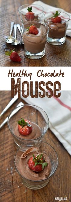 chocolate mousse with strawberries in small glass bowls and spoons on the side