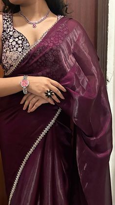 #saree #design Wine Organza Saree, Dark Colour Organza Saree, Beetroot Colour Saree, Wine Red Saree For Farewell Party, Sari Farewell, Wine Colour Saree For Farewell, Grape Wine Colour Saree, Saree For Convocation Ceremony, Casual Sarees Classy