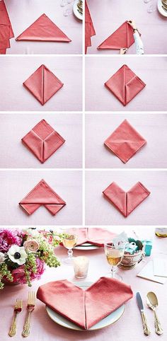 how to fold napkins in the shape of hearts on a table with flowers and silverware