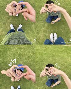 four pictures of people laying in the grass with their hands on each other's faces