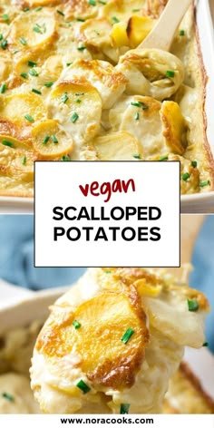 two images showing different types of potatoes in a casserole dish with text overlay that reads vegan scalloped potatoes