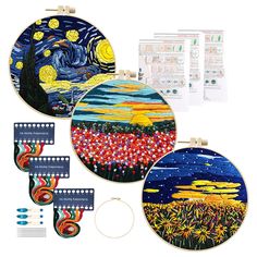 three embroidery kits with pictures and instructions for each project, including the starr night painting