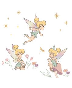 two cartoon tinkerbells flying in the sky with flowers and butterflies around them