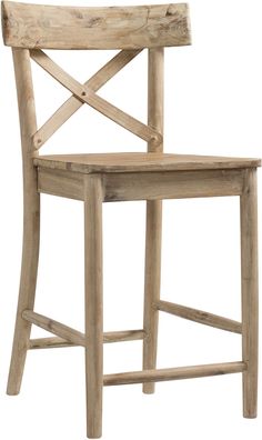 a wooden chair with a cross back and seat on the front, against a white background