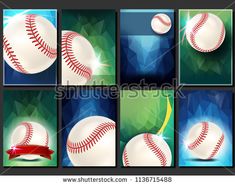 a set of nine baseball cards with the ball and red ribbon