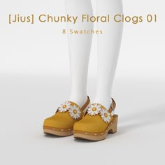 a pair of yellow clogs with white flowers on them and the words, just chunk floral clogs 01