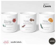 three candles with labels on them sitting next to each other in front of a white background