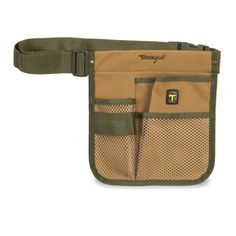 a tan and green fanny bag with two pockets on the front, one has a small patch