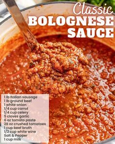 the recipe for classic bolognzoe sauce in a pot with a ladle