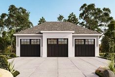 this is an artist's rendering of two garages in a residential area with landscaping