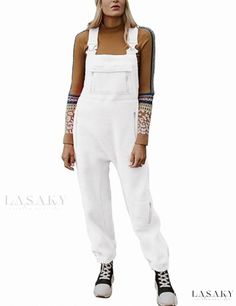 Lasaky - Loose Fit Cashmere Jumpsuit with Suspenders Turtleneck And Sweater, Comfortable Work Clothes, Loose Knitwear, Outfit Essentials, Winter Jumpsuit, Cashmere Outfits, White Jumpsuit, Loose Outfit, Casual Jumpsuit