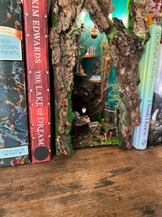 three books are stacked on top of each other in front of a wooden shelf with an animal figurine