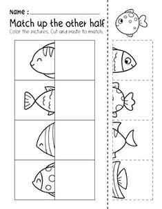 Funny Fishs Cut & Paste Match Up Picture Preschool Activity Worksheets Match Up The Other Half Worksheet, Summer For Toddlers Activities, Montessori Worksheets Preschool, Glue Stick Practice Worksheet, Preschool Worksheets Free Printables Cut And Paste, Fish Worksheets Preschool, Cut Paste Activities For Kids, Gluing Activities For Preschoolers, Easter Prek Activities