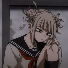 an anime character with blonde hair wearing a sailor outfit and holding her hand to her face