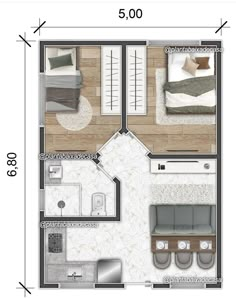 the floor plan for a small apartment with two beds and one living room in it