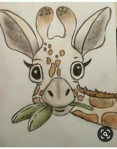 a drawing of a giraffe's face with leaves in its mouth and eyes