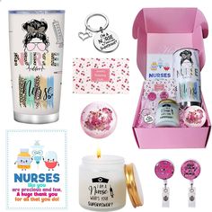 a pink box containing personal care items, including a candle and keychain with the words nurses on it