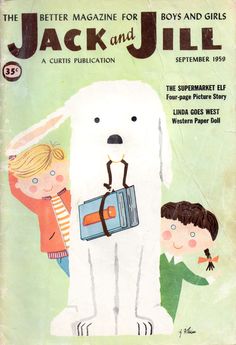 an old children's book with a white dog and two boys holding a suitcase