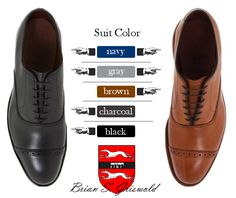 Have you ever wondered what color shoes you're supposed to wear with your suit? Here's a general guide. Tie Color Guide, Business Attire For Men, Coat Guide, Suit Fit Guide, Outfit Classic, Shoes Oxford, Man Dressing Style, Gentleman Shoes