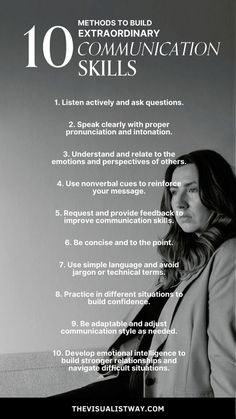 a woman standing in front of a wall with the words 10 steps to extraordinary communication skills