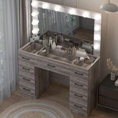 an image of a vanity with lights on the top and drawers in front of it