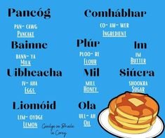 pancakes are stacked on top of each other with the words in different languages above them