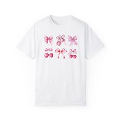 This Pink Bow and Cherry Graphic Tee combines comfort and style with a playful, coquette aesthetic. Made from 100% ring-spun cotton, the Comfort Colors® shirt is soft-washed and garment-dyed for ultimate comfort. Its relaxed fit and crew neck make it perfect for everyday wear or gifting. Features: 100% ring-spun US cotton for softness and durability Relaxed fit with pre-shrunk fabric Double-needle stitching for extra durability Ideal gift for girlfriend, mom, or best friend Perfect for coquette outfits or casual looks. Click "Add to Cart" now to add this trendy graphic shirt to your wardrobe! We want to welcome you to the Lil Riley community! Size chart is available in the photo section.  PLEASE CHECK SIZES BEFORE ORDERING PLEASE SIZE UP FOR AN OVERSIZED FIT Cherry Graphic, Cherry Shirt, Coquette Clothing, Coquette Outfits, Aesthetic Tshirt, Shirt Coquette, Tshirt For Women, Girly Aesthetic, Graphic Shirt