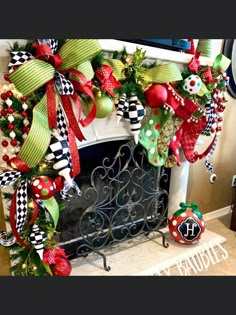 a christmas wreath on the mantle in front of a fire place with stockings and ornaments