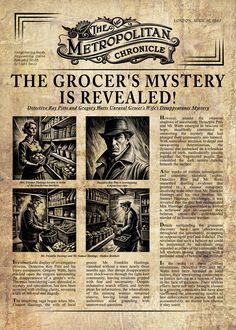 an old newspaper article about the grocer's mystery, which is revealed