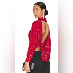 Ruby Red Sequin Backless Toe Top Glamorous Red Sequin Top, Glamorous Red Top For Party, Elegant Red Party Tops, Glamorous Red Top For Party Season, Glamorous Red Tops For Party Season, Elegant Red Top For Evening, Elegant Red Evening Top, Elegant Red Tops For Evening, Glamorous Backless Evening Top