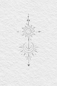 the sun and moon are drawn in black ink on white paper, with an arrow pointing up