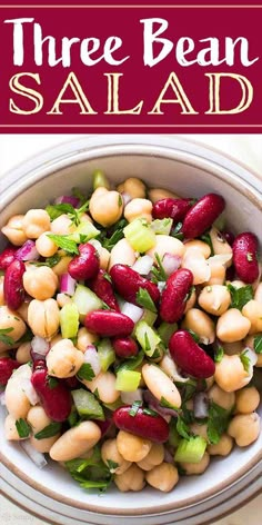 three bean salad in a bowl with the title above it