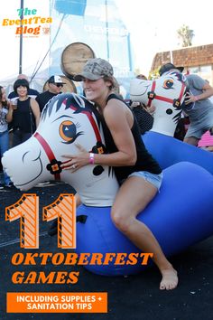 a woman sitting on top of an inflatable horse