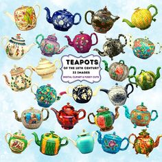 the teapots are all different colors and sizes