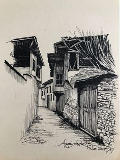 a black and white drawing of an alleyway with stone buildings on either side,