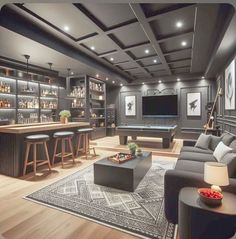 a living room filled with furniture and a pool table